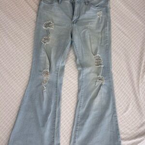 Almost Famous Stylish Light Blue Distressed Flare Women's Jeans size 11